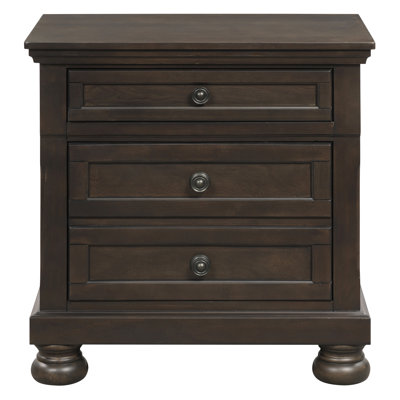 Table de chevet de chambre à coucher avec aspect brun grisâtre - 2 tiroirs, bois d'ingénierie, ornement en bois au fini transitionnel, accessoire d'ameublement