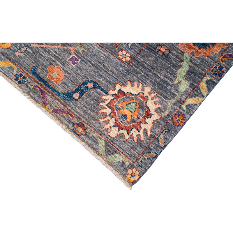 Tapis gris / bleu / jaune noué à la main de haute qualité