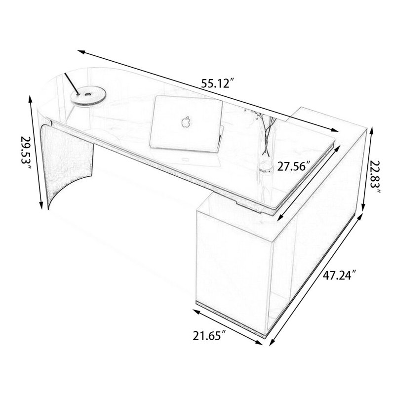 Bureau rectangulaire en pierre + bois manufacturé + acier inoxydable avec 3 tiroirs, H 29,53 po x l 55,12 po x P 27,56 po