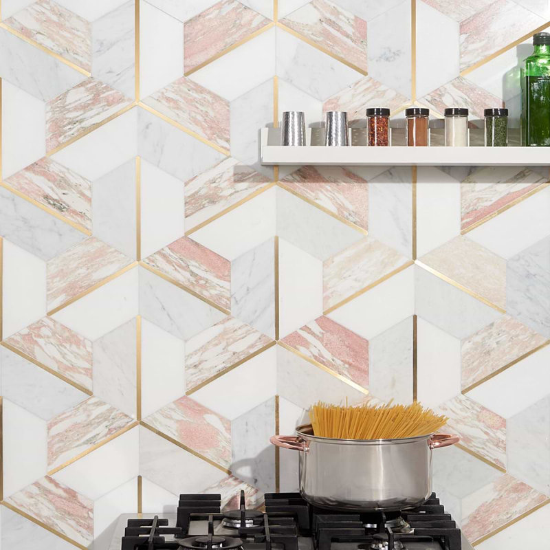 Decade 10x12 Hexagon Polished Marble and Brass Inlay Mosaic Tile