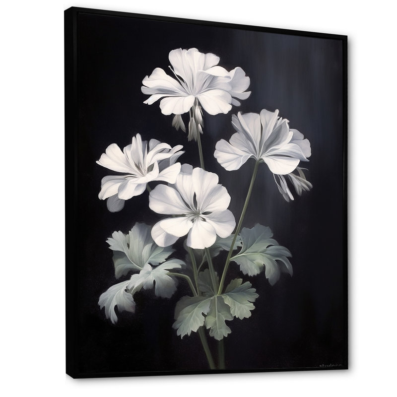 «Black and White Geranium Minimal Expression», reproduction sur toile, Cadre flottant noir, H 44 po x l 34 po x P 1,5 po