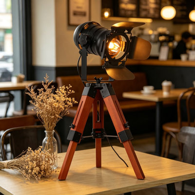 Industrial Tripod Floor Table Lamp Vintage Wood Cinema Searchlight Standing Lighting Fixtures Nautical Spotlight Decorations with Adjustable Height, Foot Switch, Not Included E26 Bulbs