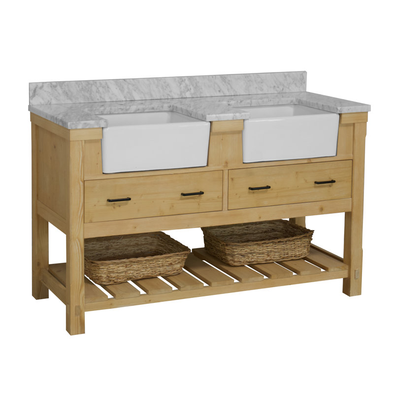 Ensemble de meuble-lavabo double 60 po Hitton, Bois flotté, Carrara d'ingénierie