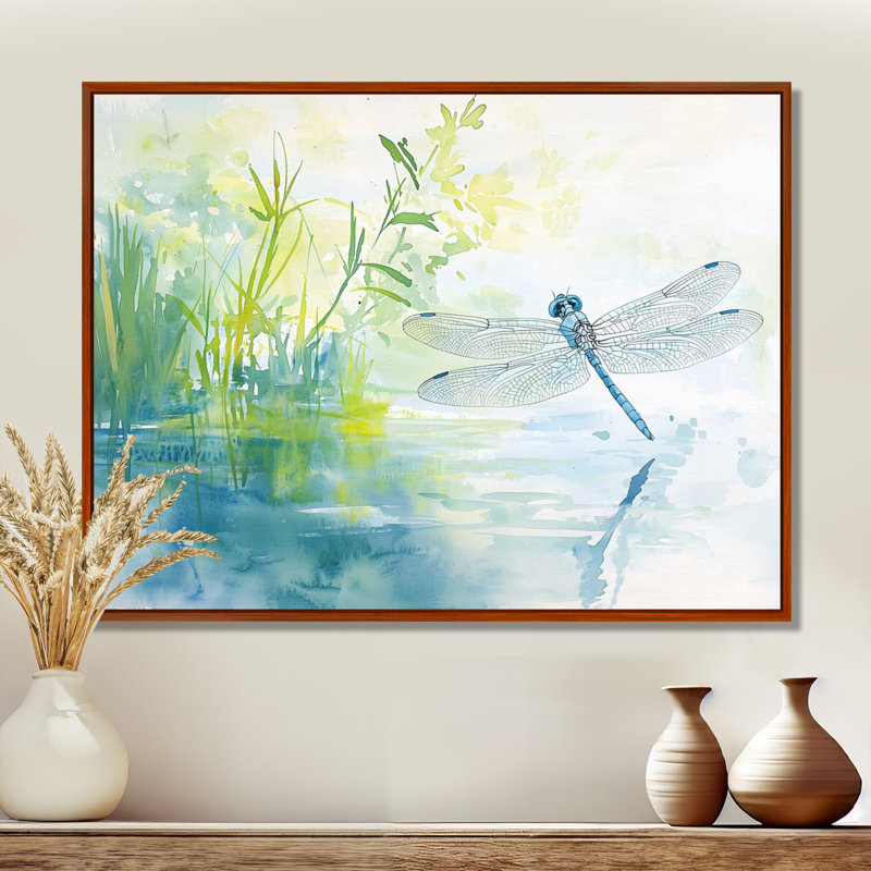 Dragonfly By The River I - Dragonfly Canvas Print, 34" H x 44" W, Brown, Floater Framed Print without Mat