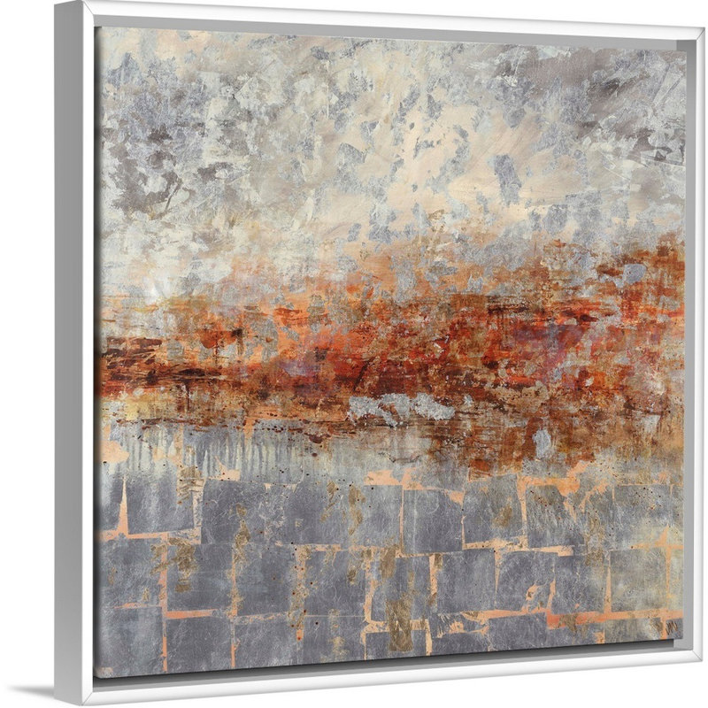 « fire lake ii », peinture sur toile, H 25,7 po x l 25,7 po x P 1,75 po, Cadre flottant blanc