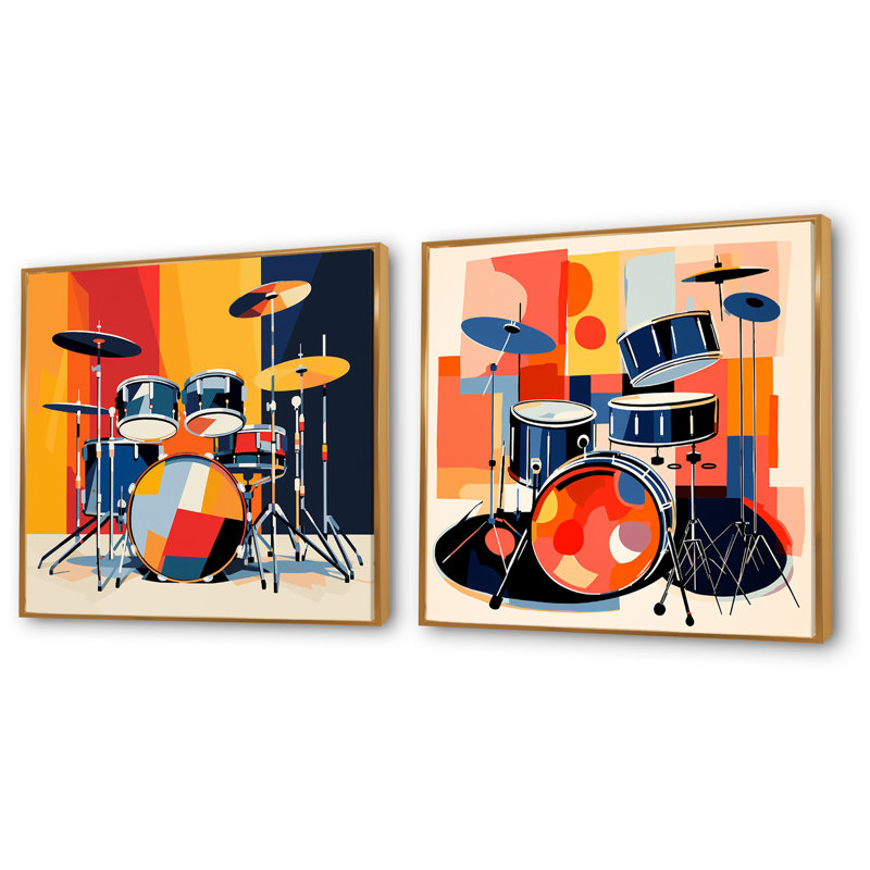 Druming Groove I - ensemble de 2 reproductions d'art sur toile, Cadre flottant doré, H 16 po x l 33 po x P 1 po