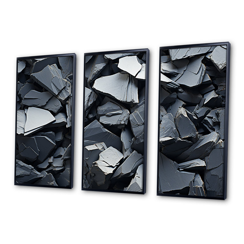 Tachism Gray Rocks Explosion - art mural tachisme, H 28 po x l 36 po x P 1 po, Cadre flottant noir