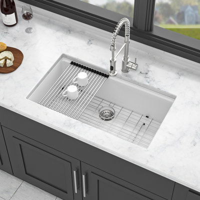 30X19" White Granite Composite Workstation Undermount Kitchen Sink, Material, Quiet In Use, Includes Cutting Board & Drying Roll - Up Rack 30X19", White, Composite, Workstation, Undermount, , Non
