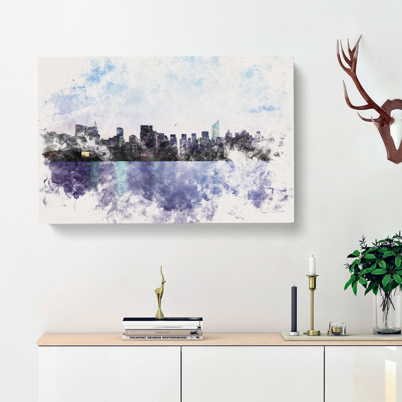 Night skyline of New York Watercolour - Wrapped Canvas, 60cm H x 91cm W x 3cm D