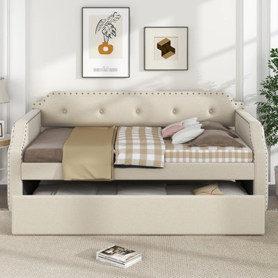 Beige Linen Upholstered Daybed And Trundle, Twin Bedroom Furniture With Trundle Frame,