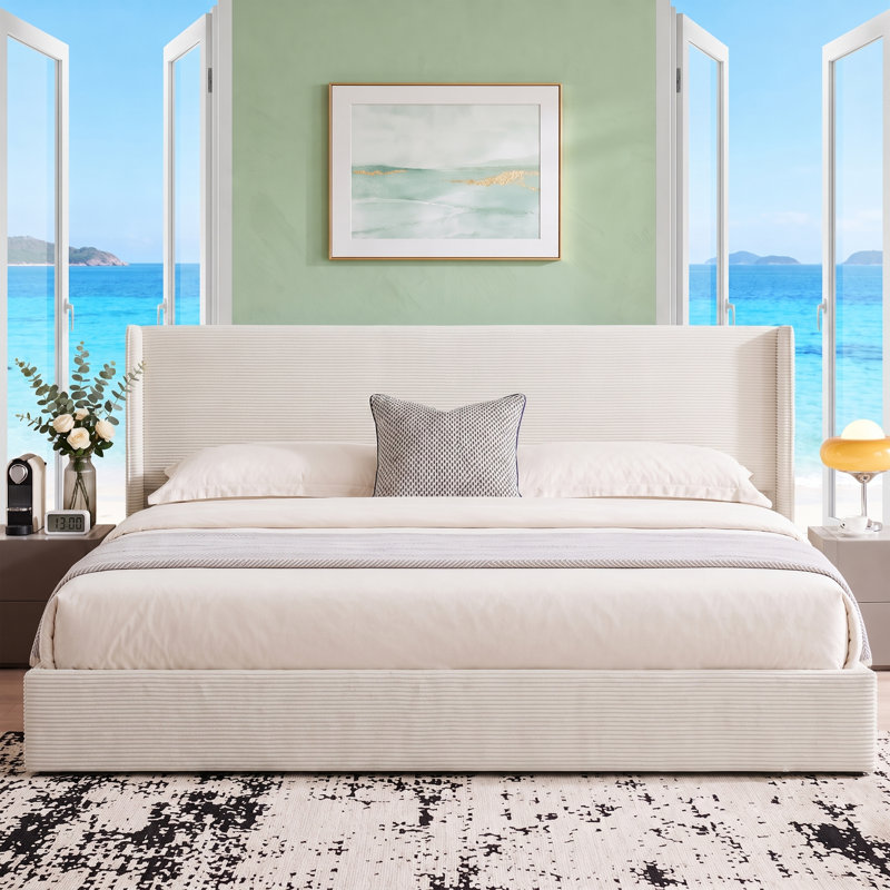 Modern Wingback Upholstered Platform Bed, Cream, King