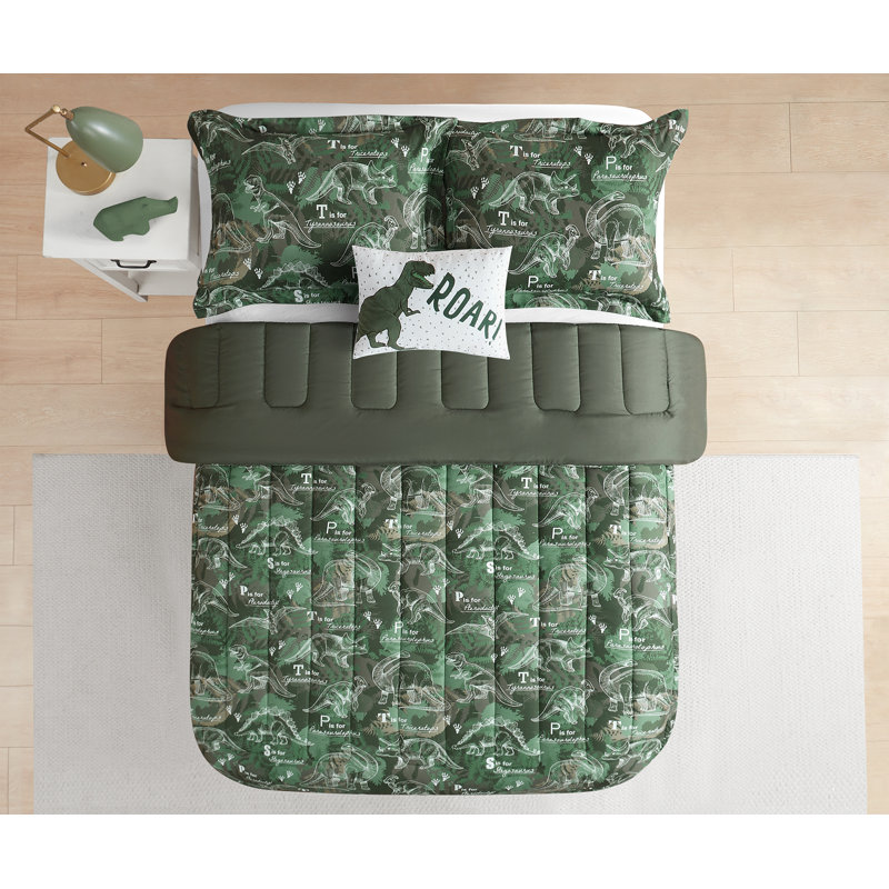 Dino Forest Green and White Microfiber Twin Comforter Set