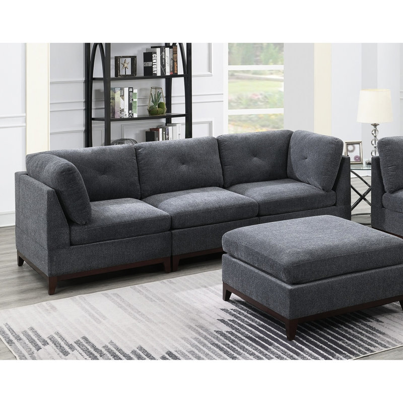 Salon moderne en chenille gris cendré - Modulaire 6 pièces avec coussin et pieds en bois avec dossier en tissu