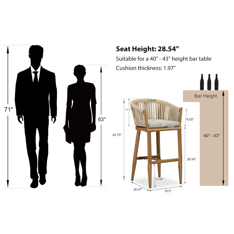 Alakai Outdoor Minimalist Woven Rattan Counter & Bar Height Stools with Premium Sponge Cushion, 28.54", Teak, Beige