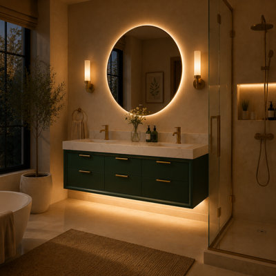 Lumino 60" Modern Wall Mounted Double Sink Bathroom Vanity with Engineered Stone Top, LED Light, 6 Soft Close Drawers