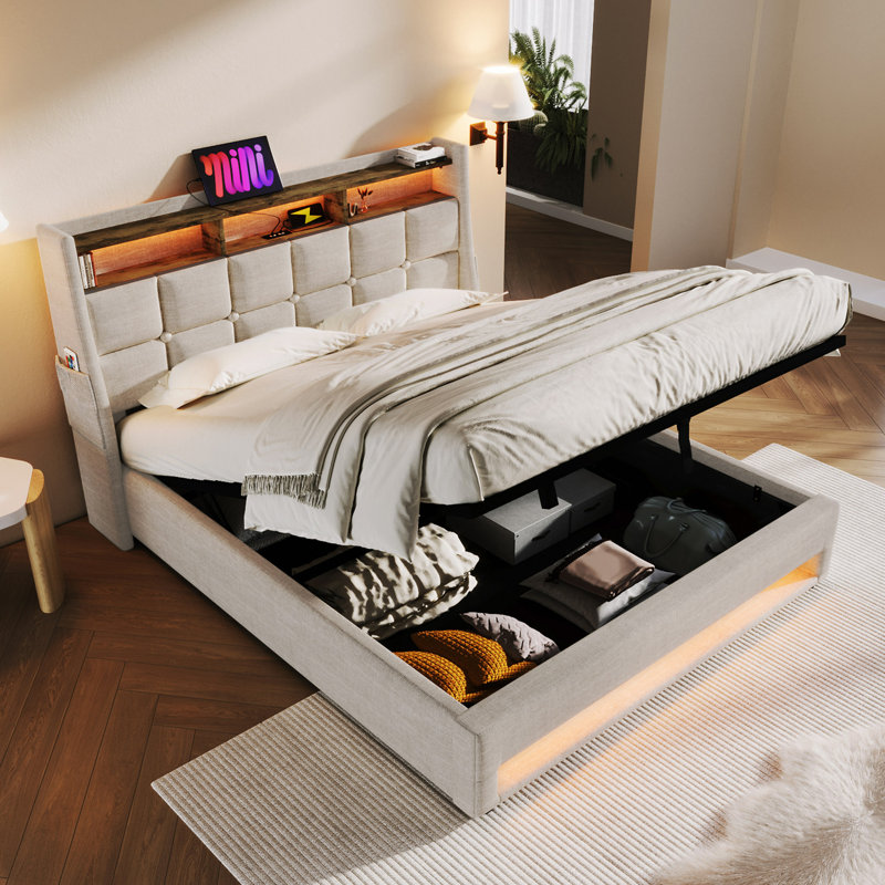 Lit plateforme tapissier avec système de rangement hydraulique, chargement DEL et USB (sans matelas), Gris, Lit double