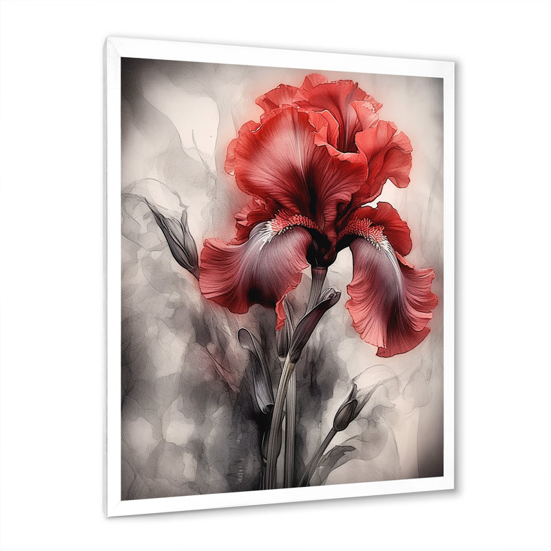 " Red Black Iris Petal II ", 32" H x 24" W x 1" D, White Picture Framed