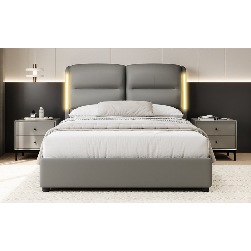 Grand lit plateforme hydraulique avec rangement, soutien solide, cuir synthétique confortable, structure relevable moderne Sensor Night, doux