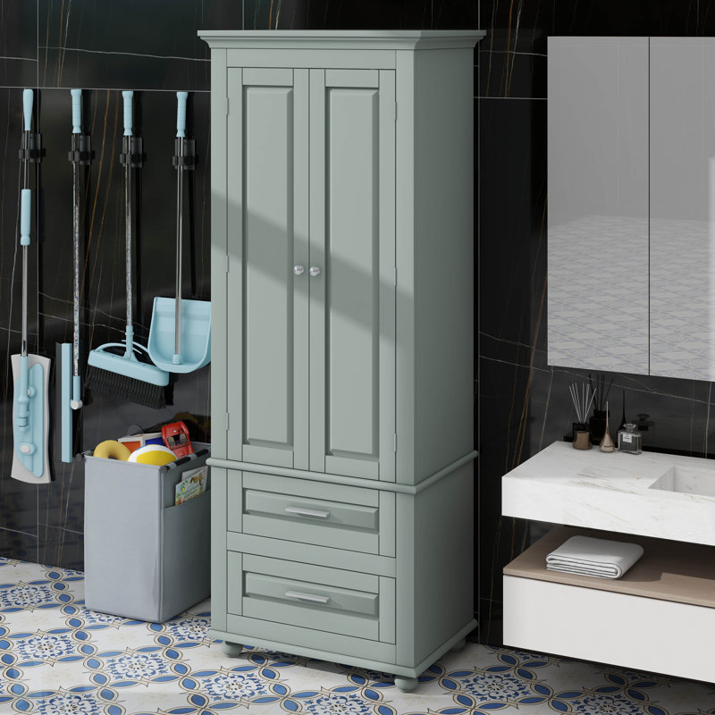 Tall Storage Cabinet, High-Quality Painted MDF, 3-Tier Upper Cabinet + 2 Drawers, Adjustable Shelf, Gray