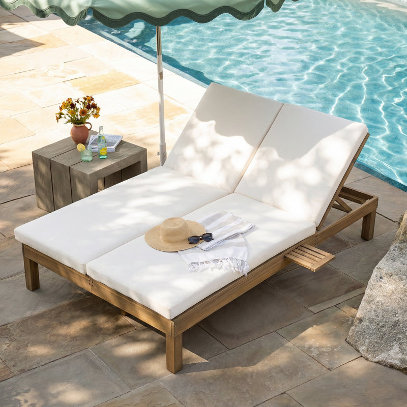 Chaise longue double avec dossier réglable et coussins haute densité, Teck clair
