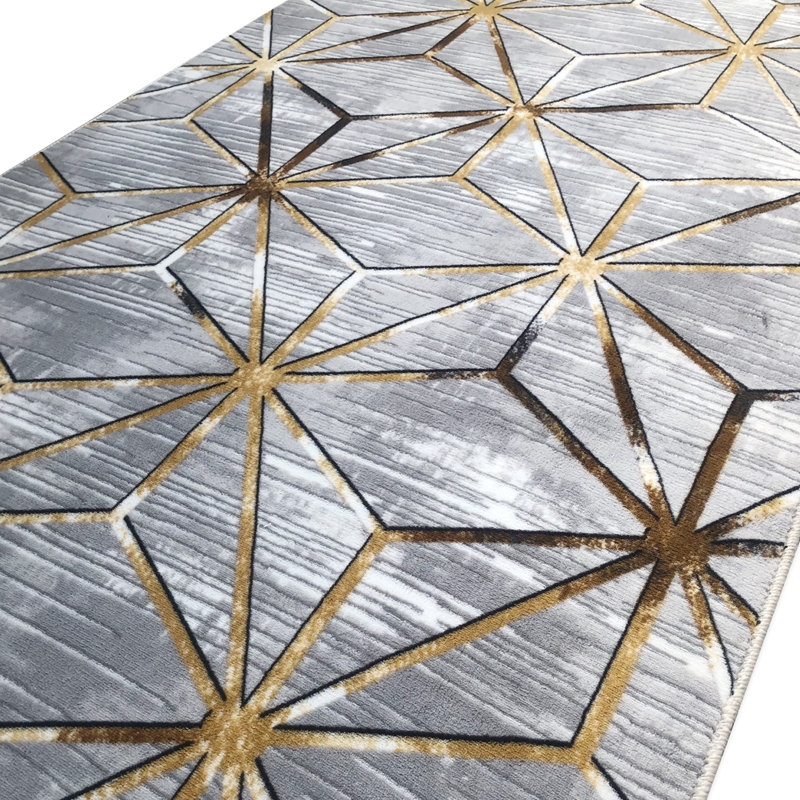 Luxurious Hall Carpet Runner, 5 ft x 23 ft, Grey & Gold | 100% Polyester, 1.5 lbs/sq ft | 0.4 in Pile Height, Non-Slip Dot Underside, Machine Washable, Digital Printing | Perfect for Entryways & Living Spaces