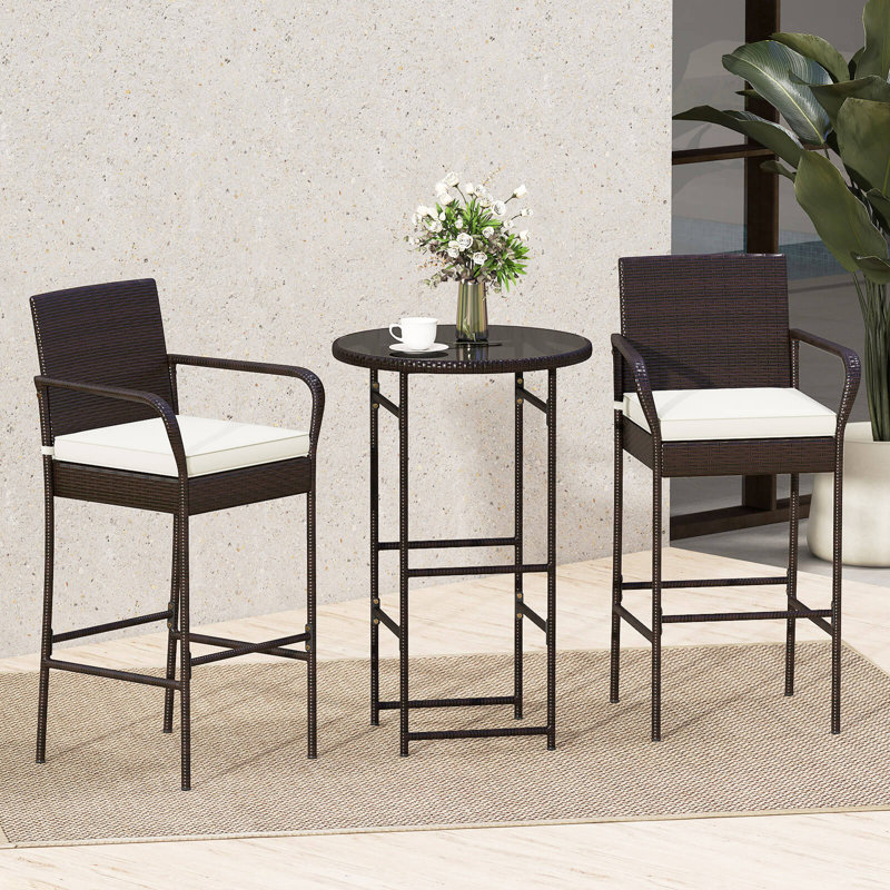 Ensemble de 3 tabourets de bar et table en métal avec plateau en verre