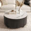 Table basse ronde 29,5 po moderne avec plateau en pierre frittée à motif marbré, 2 tiroirs, roulettes, mobile, facile à assembler-1377866558