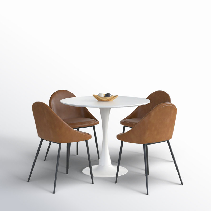 4 - Person Pedestal Dining Set, White, Tobacco Faux Leather