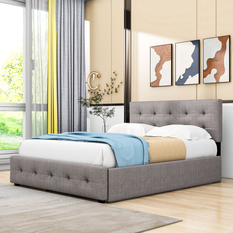 Grand lit plateforme tapissier à 2 tiroirs Carlitha avec lit gigogne simple TG, Gris clair