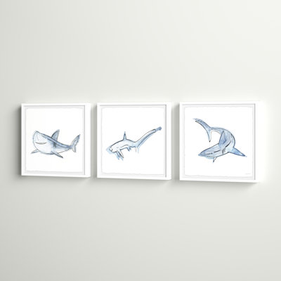 Shark Family Triptych 3- Piece Set Framed Art
