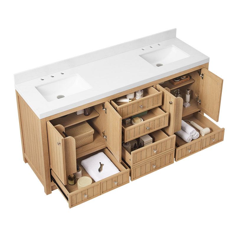 72" Freestanding Double Bathroom Vanity With Overflow & Quartz Top Fully Assembled Vanity With Cabinets And Drawers