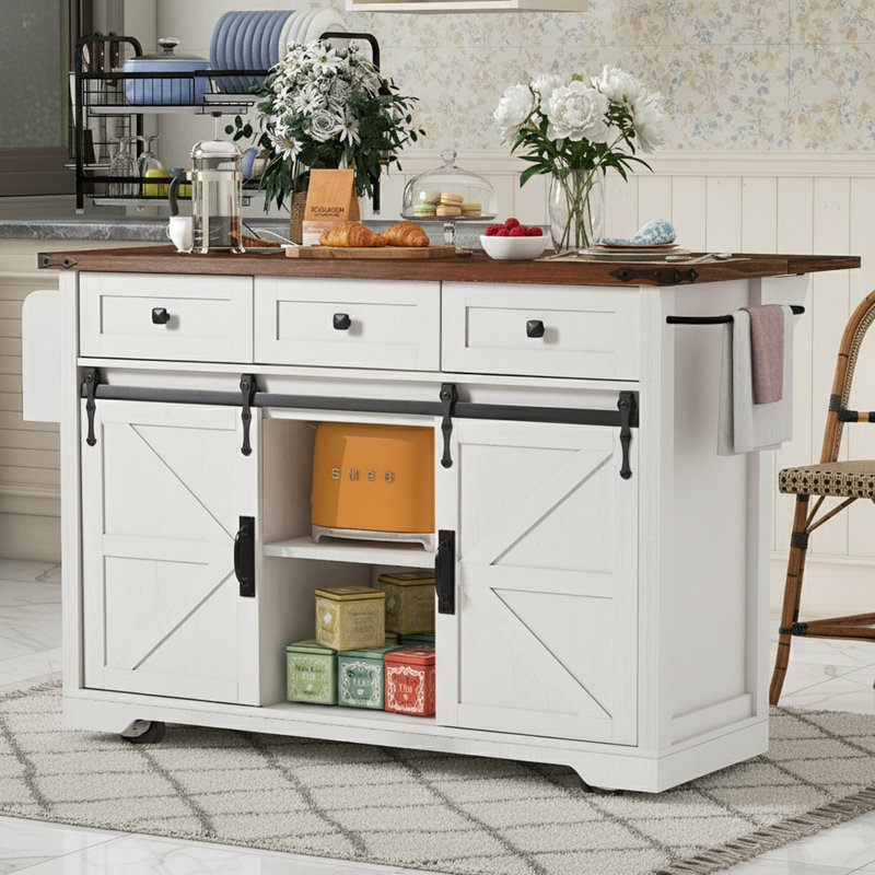 Sliding Door Kitchen Island With Power Outlet And  Drop Leaf&Spice Rack, White