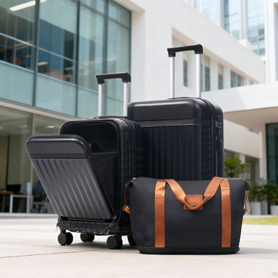 Ensemble de bagage à ouverture frontale 3 pièces, valise de transport rigide avec port USB, bagage extensible avec poignée et roulettes à verrou TSA