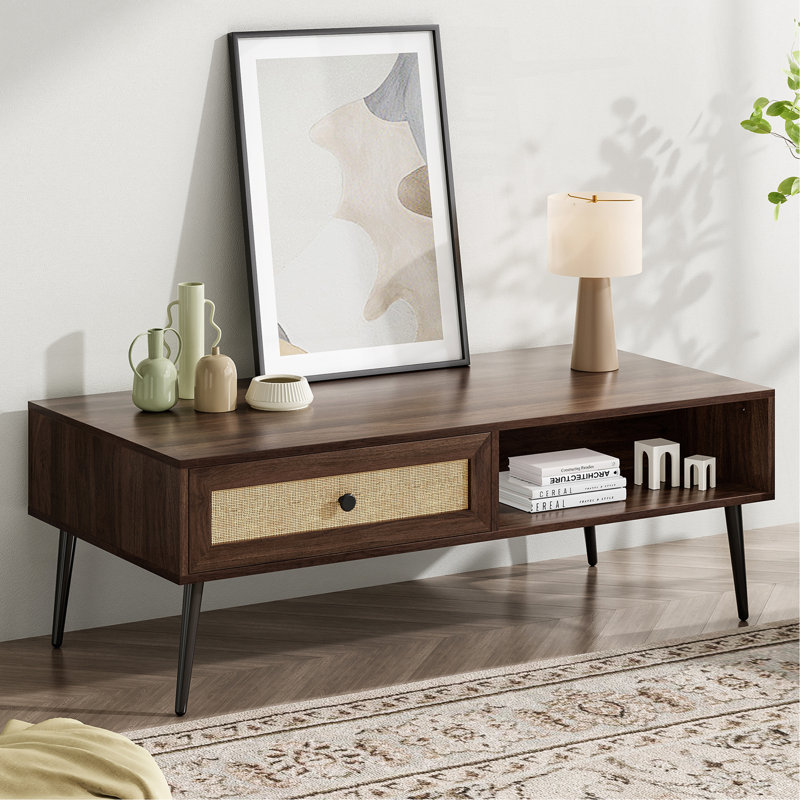 Table basse de style Mid-Century moderne, console rectangulaire de 47 pouces avec tiroir et tablette, table basse en bois pour salon, bureau, noyer
