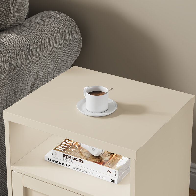 Table de chevet moderne avec porte et tablette ouverte, Beige