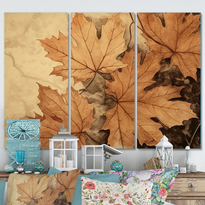 «Brown Beige Leafs Harmony I» sur toile, reproduction de 3 pièces, H 28 po x l 36 po x P 1 po