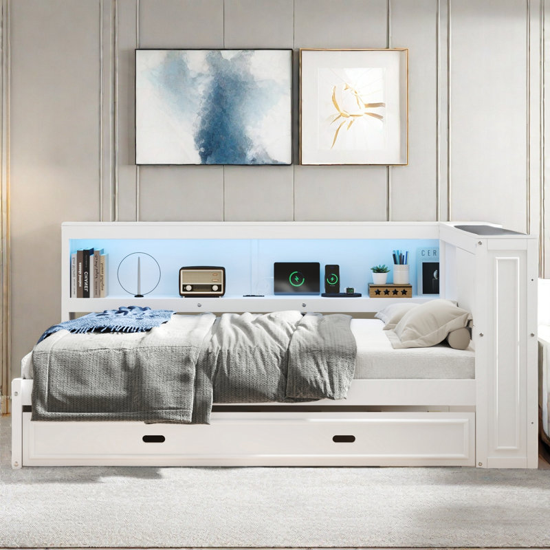 Wooden Daybed With Storage Shelves, Charging Station, Led And Trundle, White