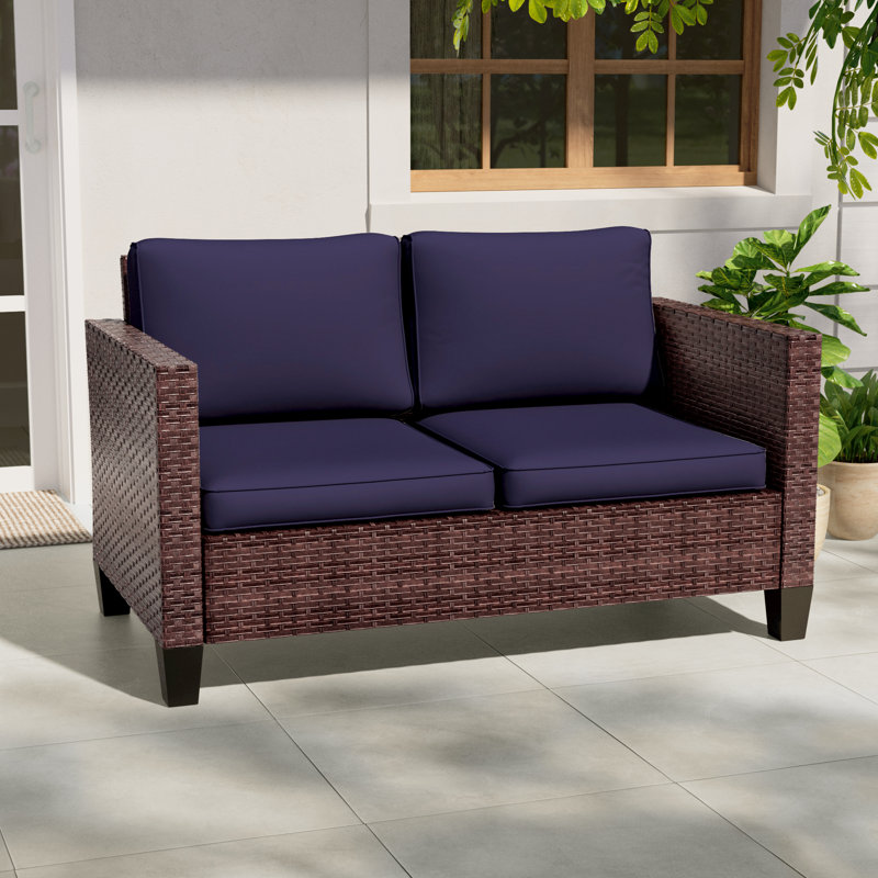 Patio Loveseat Sofa PE  Rattan Set With Thick Cushions and Sturdy Frame, Brown, Navy Blue