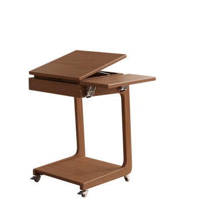  Solid Wood Adjustable Tilt Top End Table with Foldable Side Shelf & Lockable Wheels