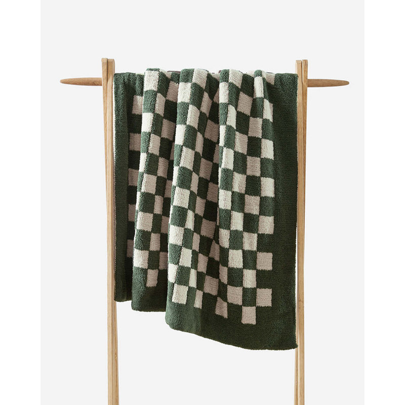 Checkerboard Knitted Throw Blanket, Moss/Sahara Tan Checkered