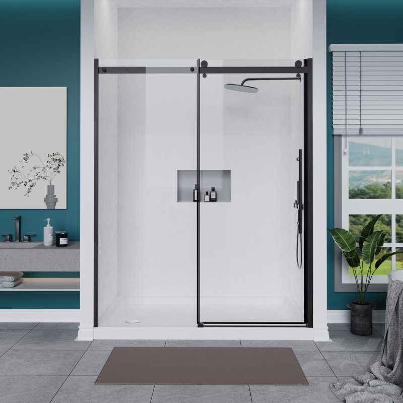 58.5-60"W X 72"H Frameless Single Sliding Shower Door, 1/4" (6Mm) Tempered Glass, Zinc Alloy Rail System, Stainless Steel Handle, Black