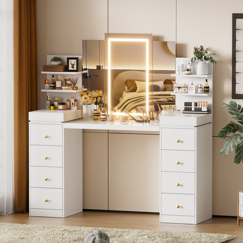 Coiffeuse de maquillage avec miroir lumineux à DEL, table de maquillage avec éclairage 3 couleurs, ensemble de coiffeuse de 55 po avec 10 tiroirs cachés et tablettes ouvertes, pour filles / femmes