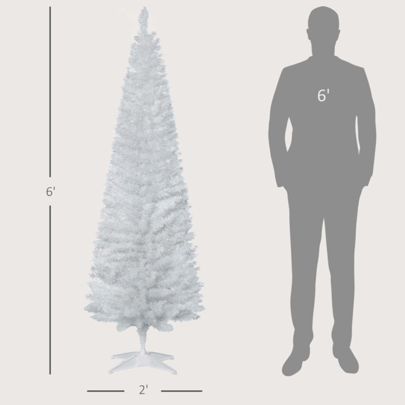 Artificial Pencil Christmas Tree, Slim Xmas Tree With 390 Realistic Branch Tips And Plastic Stand, White, 6'