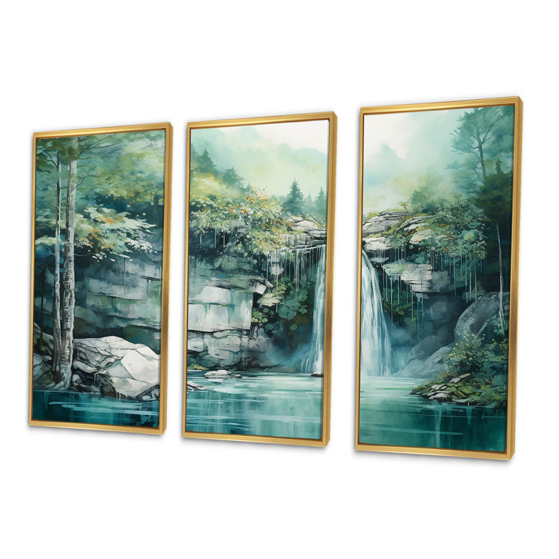 «Waterfall Cliff Scenery Magic - Waterfall», ensemble de reproductions d'art mural, Cadre flottant doré