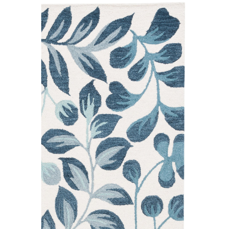 Tapis floral en coton touffeté à la main Jardin Ivoire / Bleu, Carré 6 pi