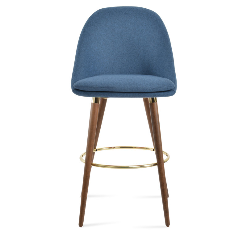 Tabouret Avanos, Bleu pétrole, Noyer / doré, Tabouret de comptoir (siège d'une hauteur de 24 p