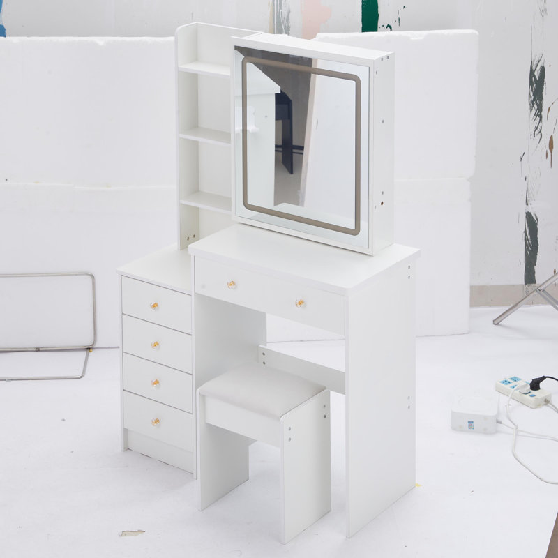 Coiffeuse Raga avec miroir coulissant à DEL, tabouret et rangement spacieux, Blanc