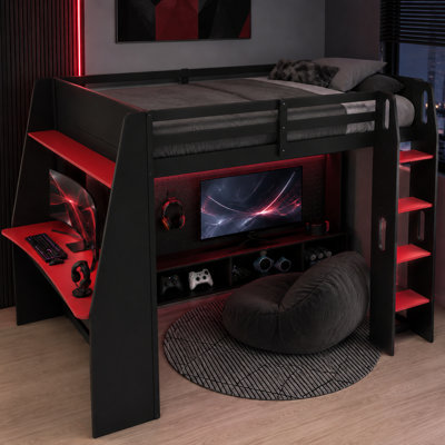 Full Size Gaming Loft Bed with Desk, USB Port, LED Light and Integrated Storage
