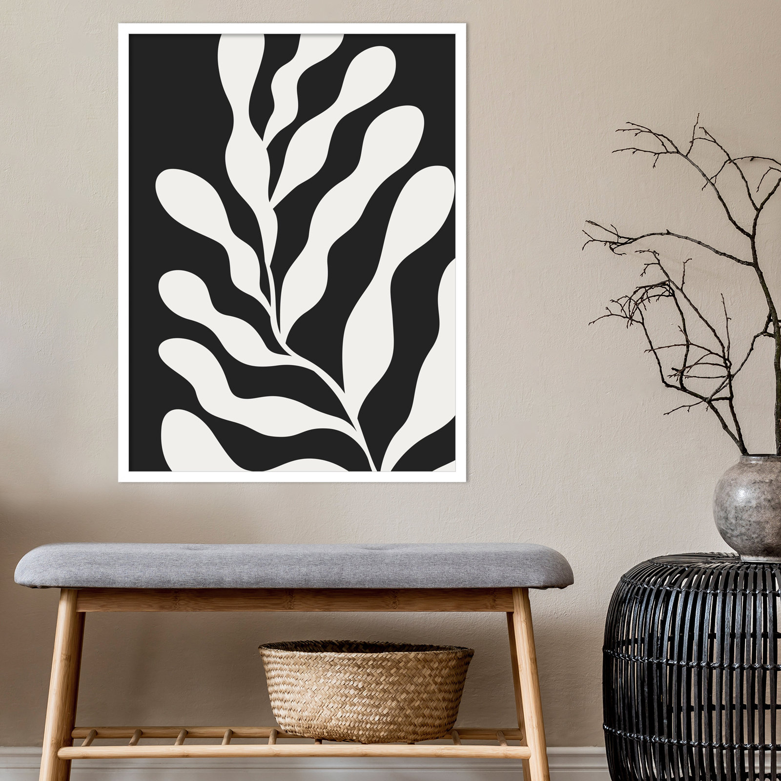 Retro Matisse Inspired Abstract Botanical 3 Black, White, 33" H x 25" W x 1" D