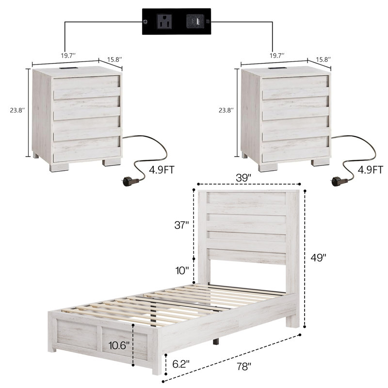Ensemble de chambre avec lit plateforme et table de chevet 3 pièces Kurissa Farmhouse, Blanc, Lit simple